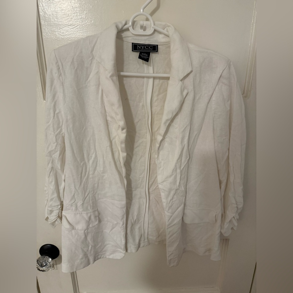 NYCC Classic White Linen Blazer Ruched Sleeves